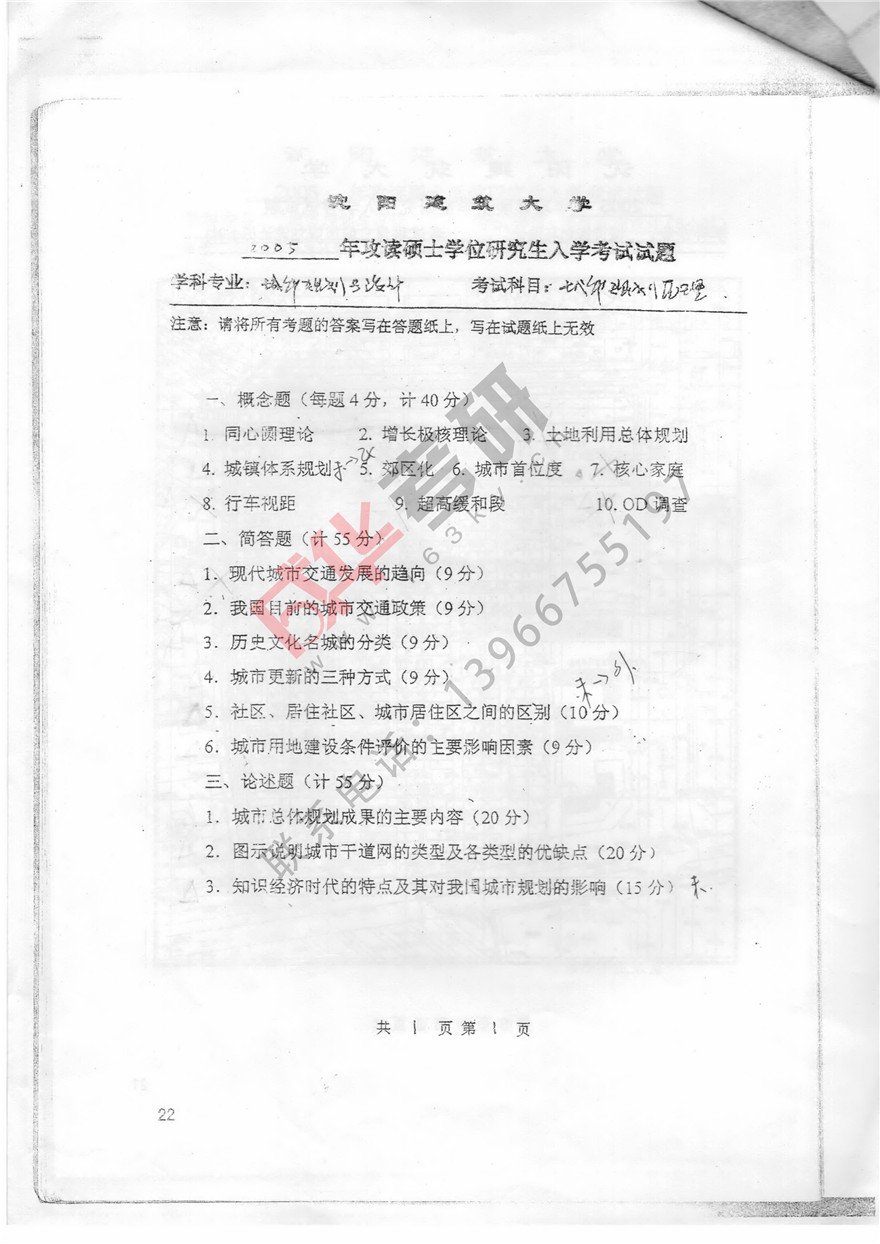 沈阳建筑大学2005年规划理论真题第一页